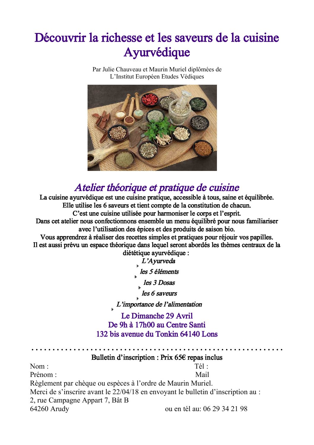 Atelier théorique et pratique de cuisine Ayurvédique